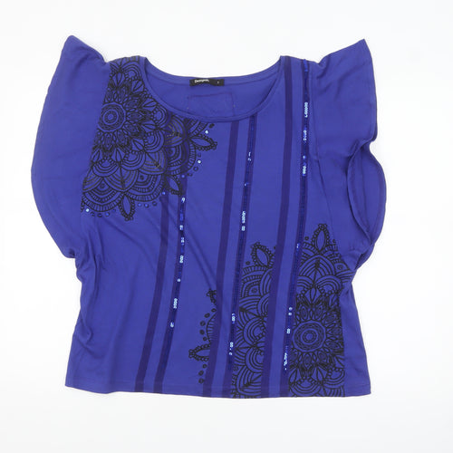 Desigual Women Blue Sequin Floral Cotton T-Shirt Size S