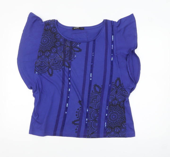 Desigual Women Blue Sequin Floral Cotton T-Shirt Size S