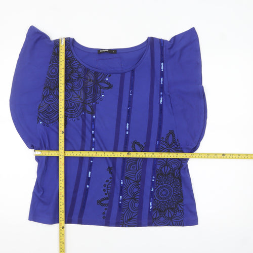 Desigual Women Blue Sequin Floral Cotton T-Shirt Size S