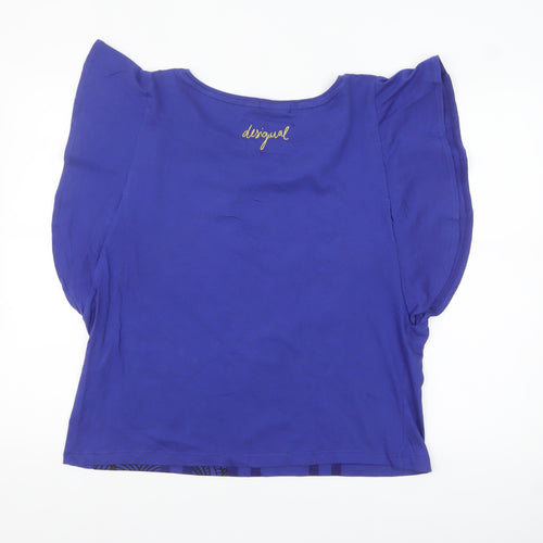 Desigual Women Blue Sequin Floral Cotton T-Shirt Size S