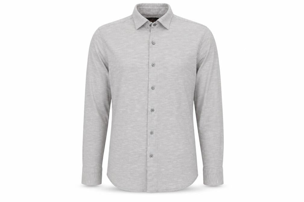 Front view of Simon Carter Men's Grey Cotton Long Sleeve Button-Up Shirt M