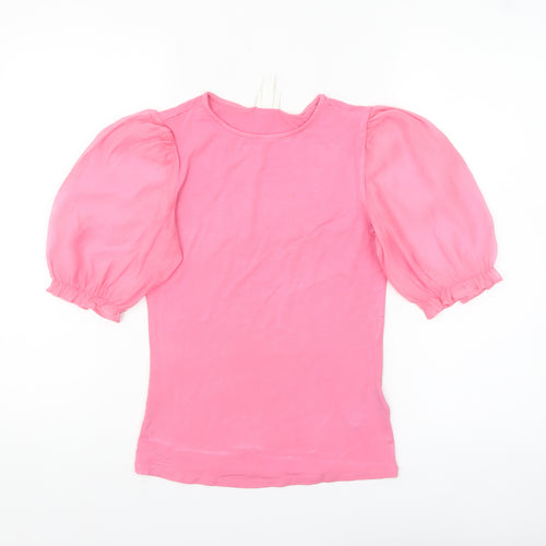 H&M Women Pink Puff Sleeve Crew Neck Cotton Blend T-Shirt XS