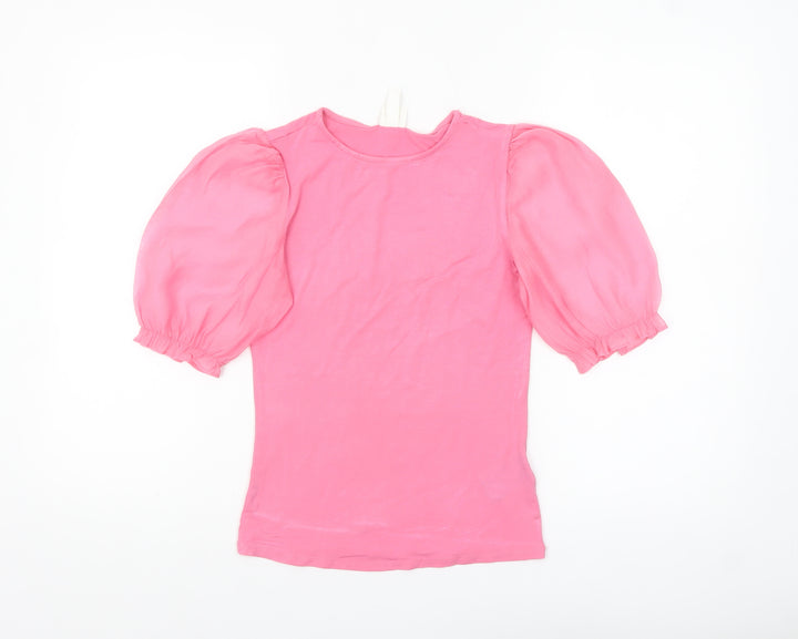 H&M Women Pink Puff Sleeve Crew Neck Cotton Blend T-Shirt XS