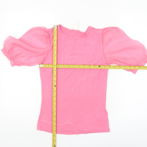 H&M Women Pink Puff Sleeve Crew Neck Cotton Blend T-Shirt XS