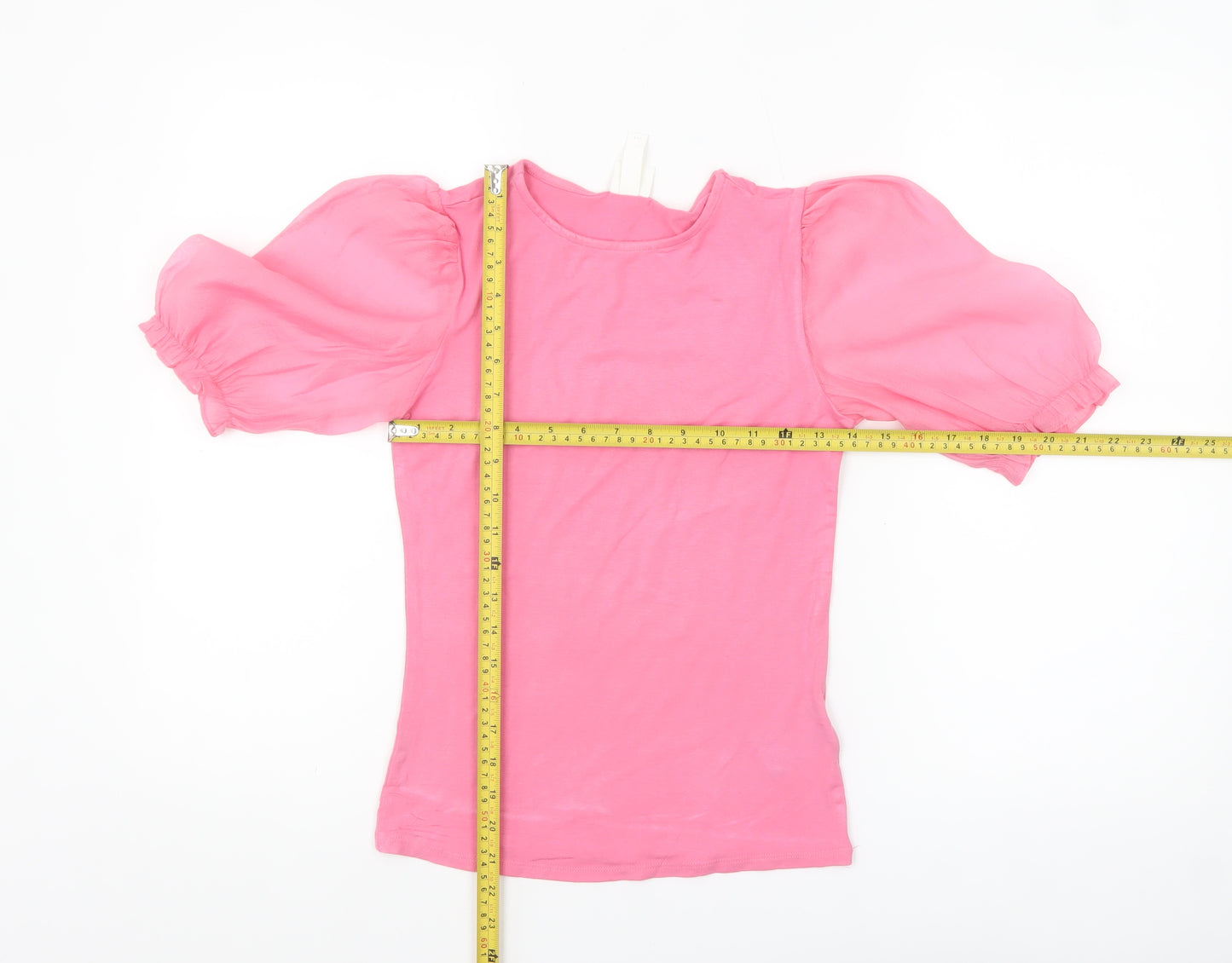 H&M Women Pink Puff Sleeve Crew Neck Cotton Blend T-Shirt XS