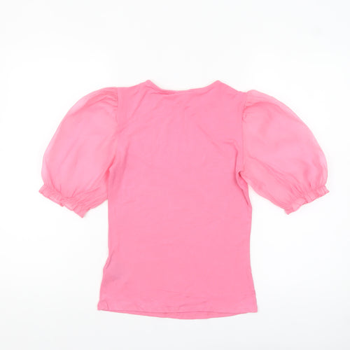 H&M Women Pink Puff Sleeve Crew Neck Cotton Blend T-Shirt XS