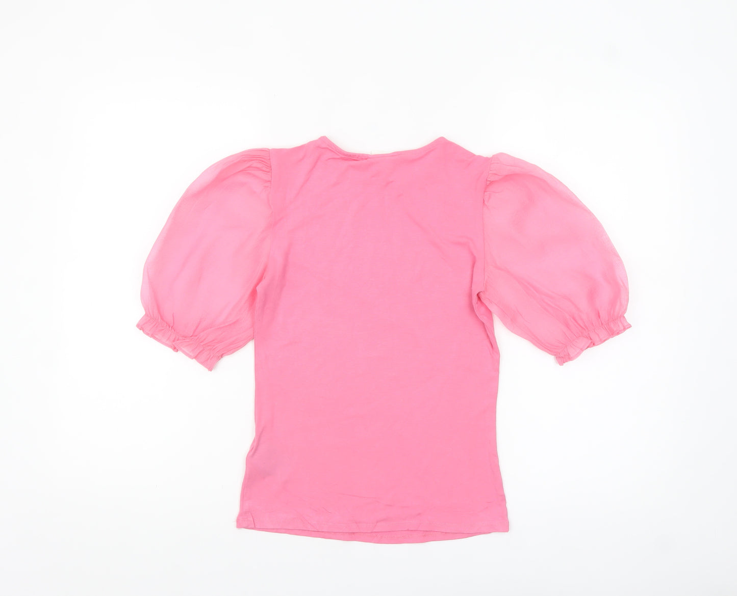 H&M Women Pink Puff Sleeve Crew Neck Cotton Blend T-Shirt XS