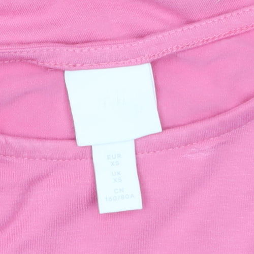 H&M Women Pink Puff Sleeve Crew Neck Cotton Blend T-Shirt XS