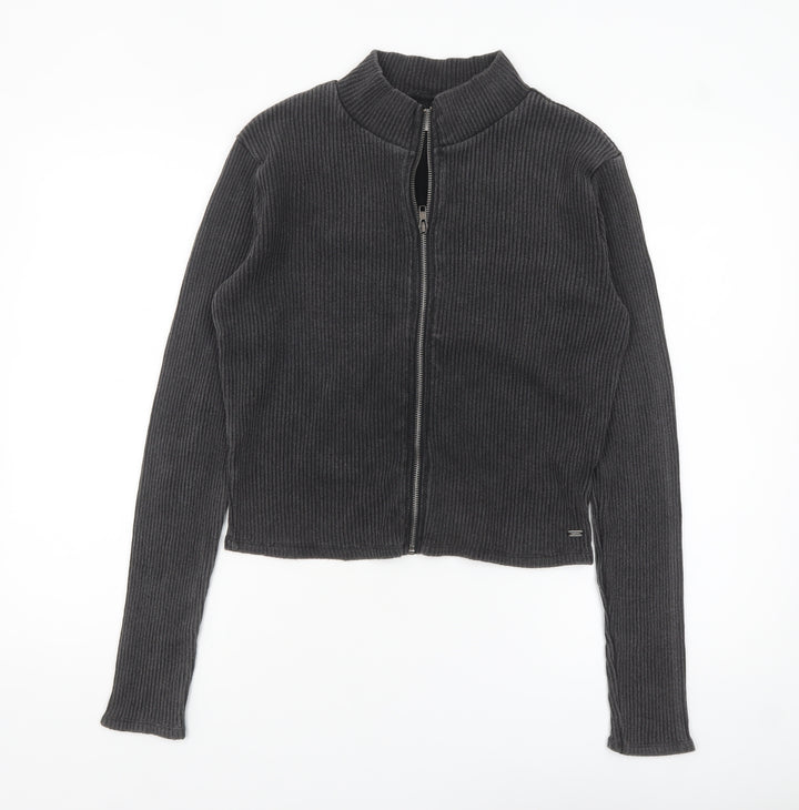 Pull&Bear Teens Grey Ribbed Zip Jacket Size L Cotton Blend