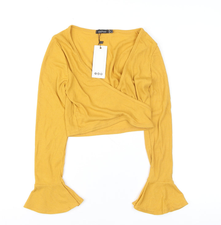 Boohoo Women’s Yellow Cropped Wrap Blouse Size 6 Long Sleeve