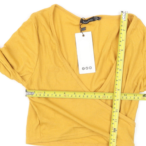 Boohoo Women’s Yellow Cropped Wrap Blouse Size 6 Long Sleeve