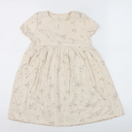 Next Girls Beige Floral Skater Dress 4-5 Years Cotton Stretch Short Sleeve