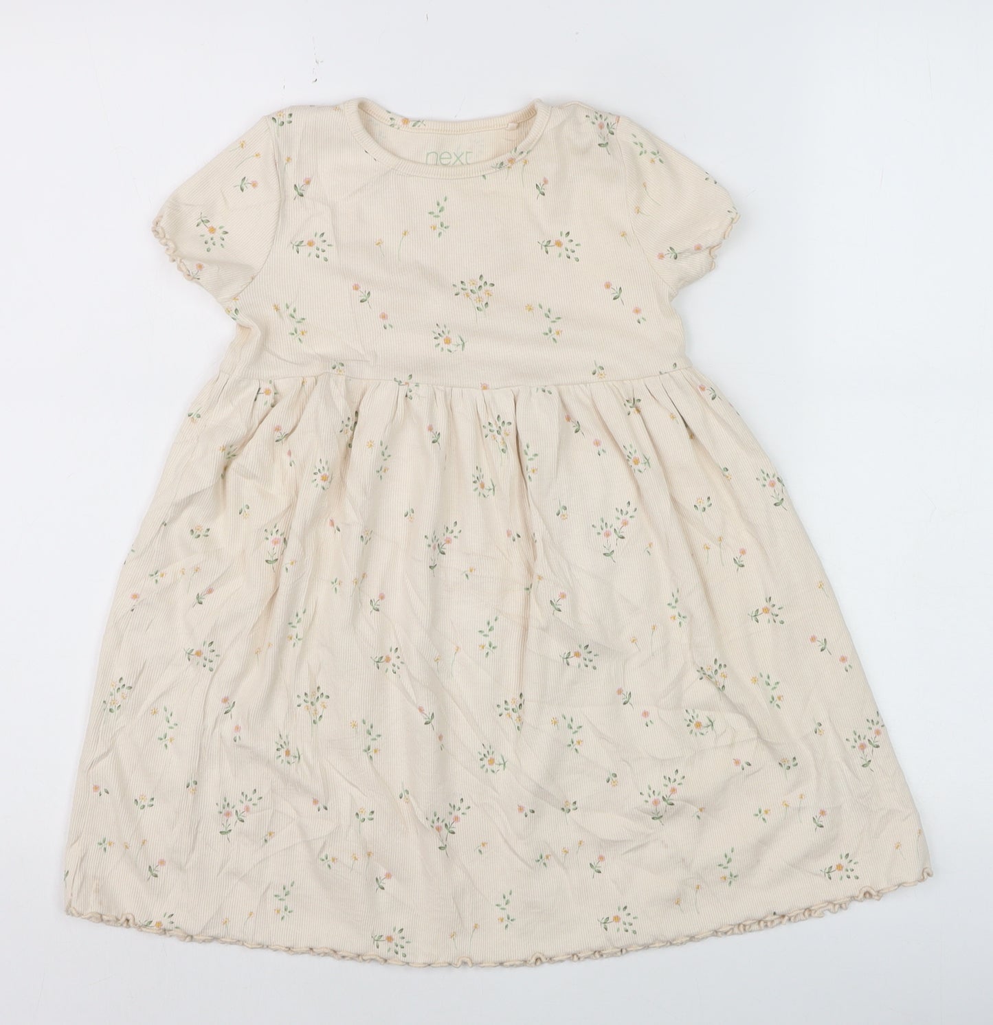 Next Girls Beige Floral Skater Dress 4-5 Years Cotton Stretch Short Sleeve