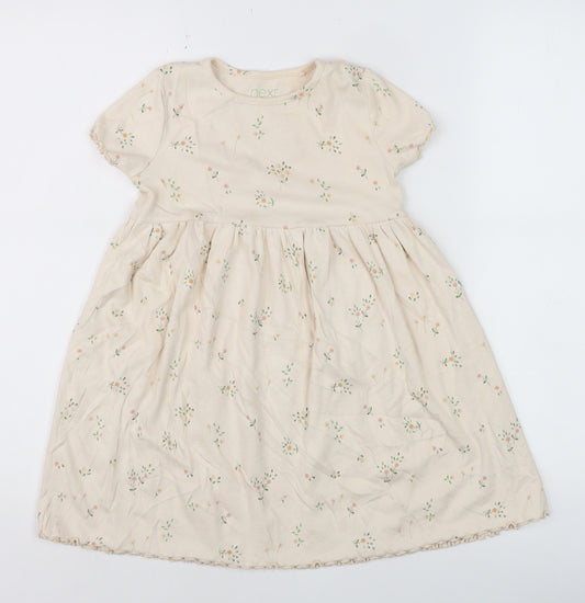 Next Girls Beige Floral Skater Dress 4-5 Years Cotton Stretch Short Sleeve