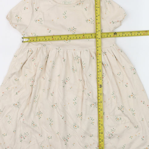 Next Girls Beige Floral Skater Dress 4-5 Years Cotton Stretch Short Sleeve