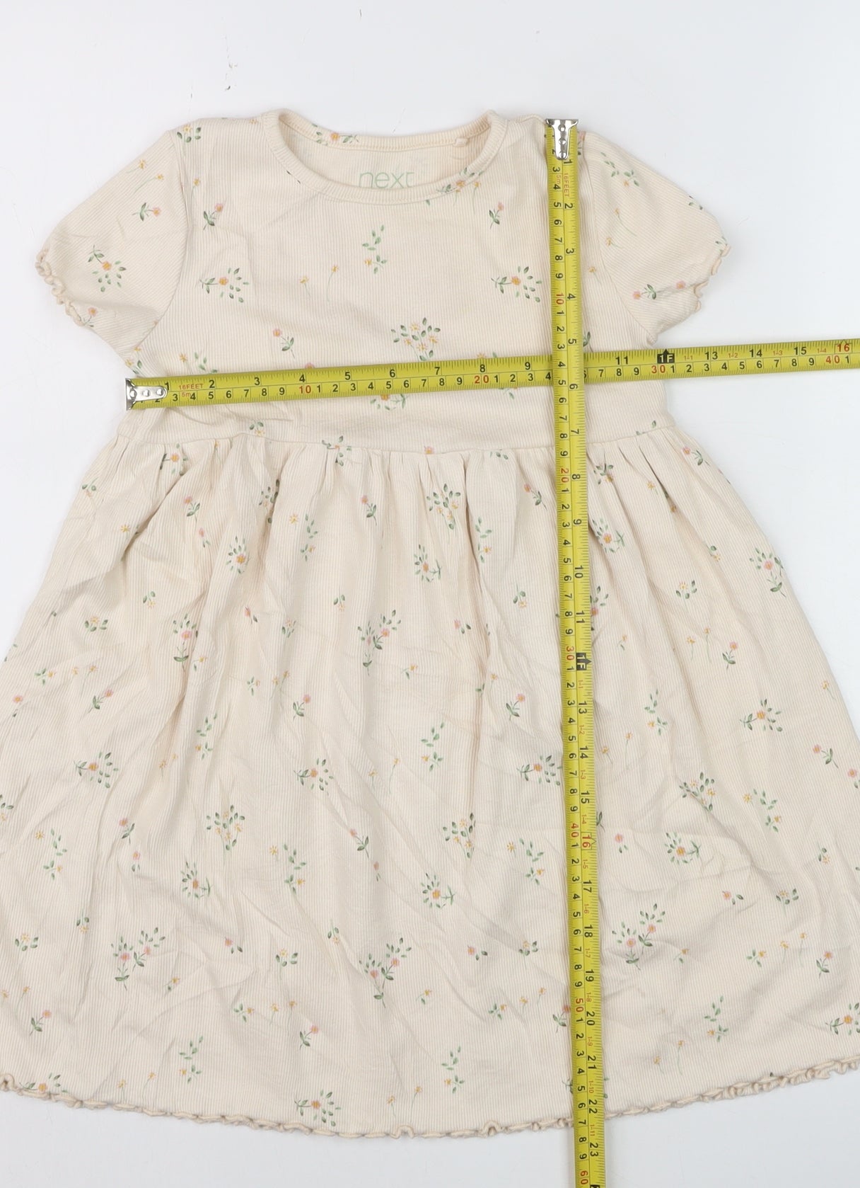 Next Girls Beige Floral Skater Dress 4-5 Years Cotton Stretch Short Sleeve