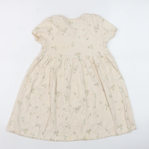 Next Girls Beige Floral Skater Dress 4-5 Years Cotton Stretch Short Sleeve