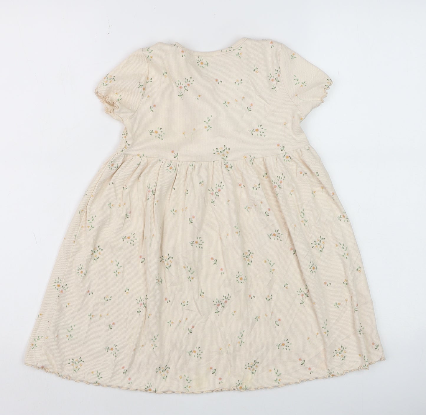 Next Girls Beige Floral Skater Dress 4-5 Years Cotton Stretch Short Sleeve