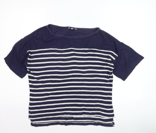 Great Plains Women Navy Striped Short Sleeve Knit Pullover Jumper S