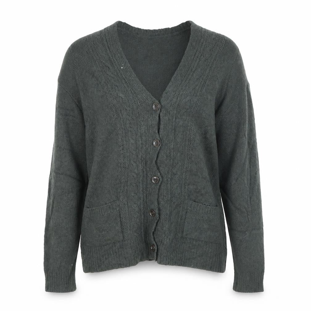 Front view of TRF Women’s Green Wool Blend Cable Knit Cardigan, size UK 8
