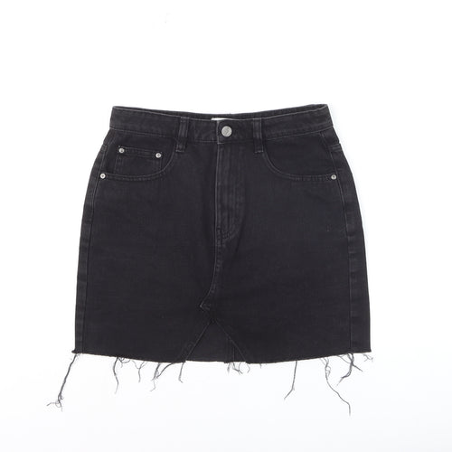 Pull & Bear Women’s Black Denim Mini Skirt Size S High Rise Frayed Hem