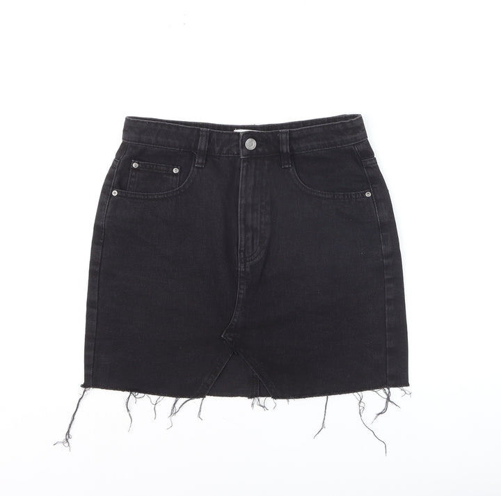 Pull & Bear Women’s Black Denim Mini Skirt Size S High Rise Frayed Hem
