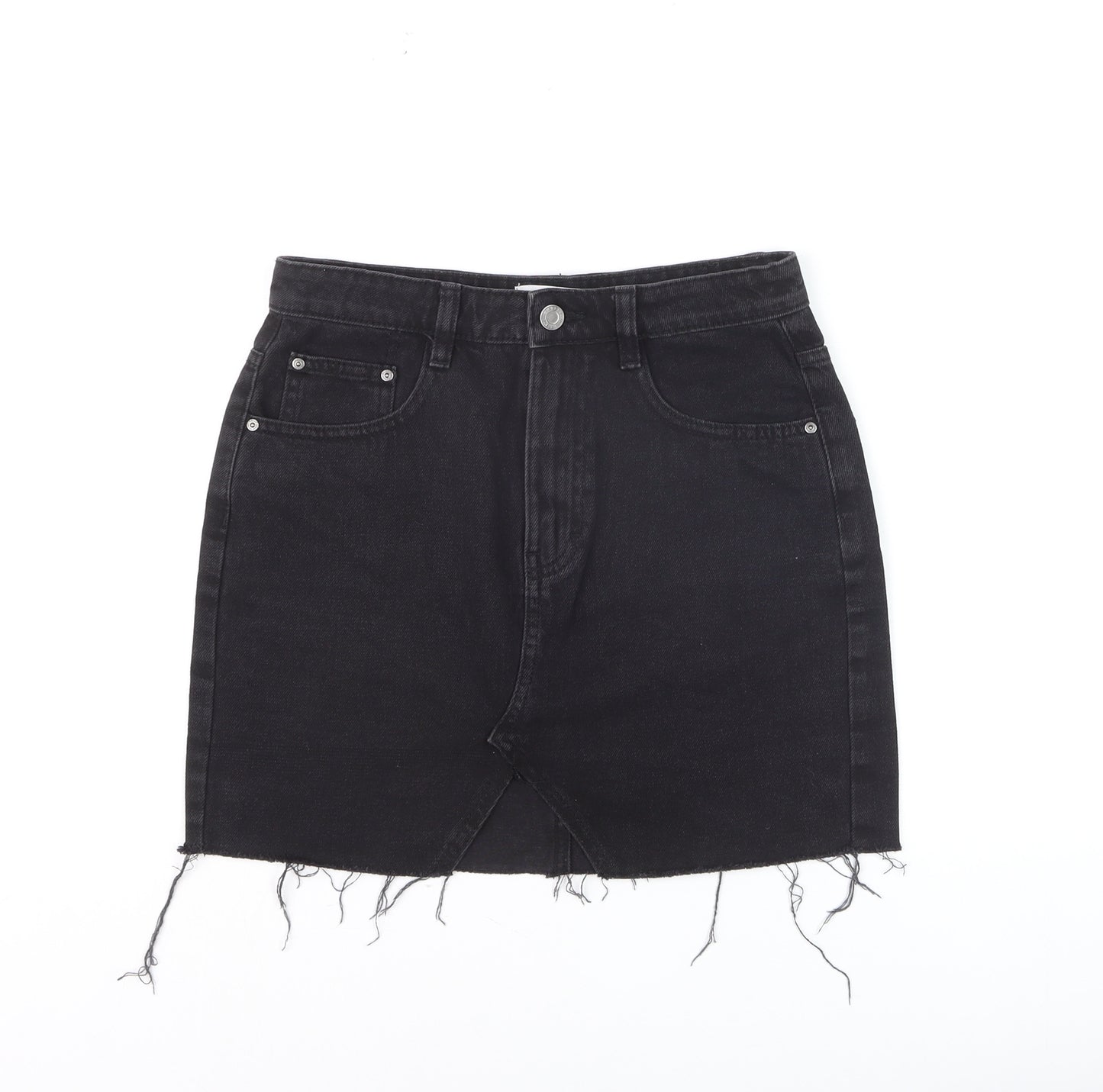 Pull & Bear Women’s Black Denim Mini Skirt Size S High Rise Frayed Hem