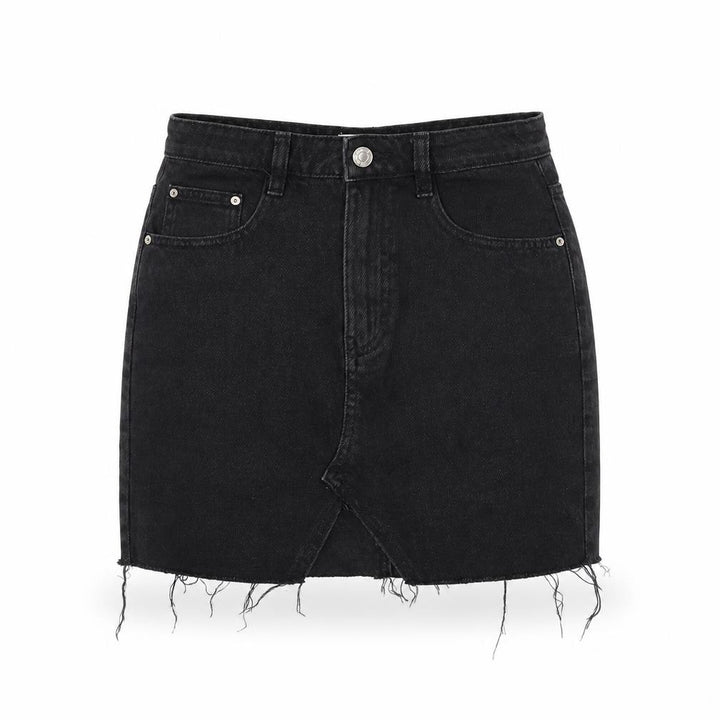 Pull&Bear Women’s Black Denim Mini Skirt Size S High Rise Frayed Hem