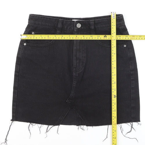 Pull & Bear Women’s Black Denim Mini Skirt Size S High Rise Frayed Hem