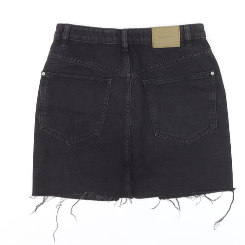 Pull & Bear Women’s Black Denim Mini Skirt Size S High Rise Frayed Hem