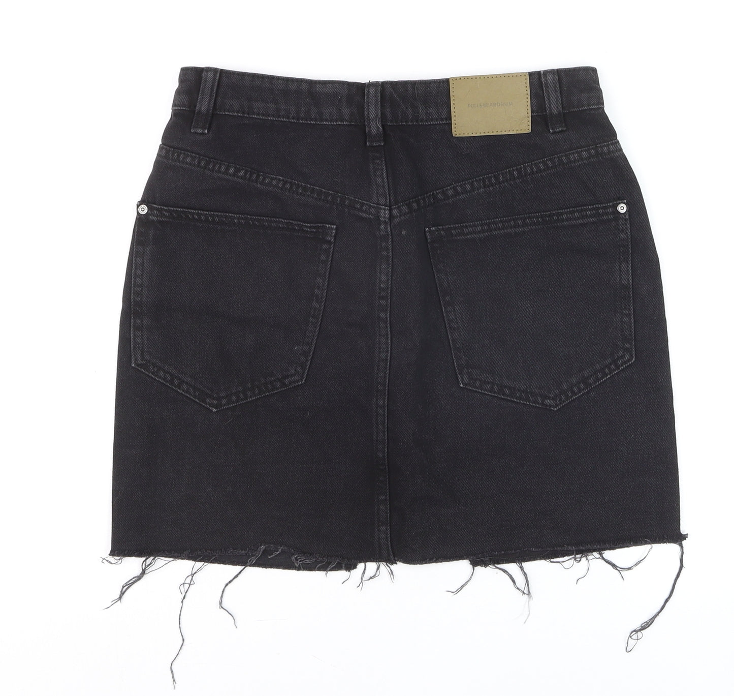 Pull & Bear Women’s Black Denim Mini Skirt Size S High Rise Frayed Hem
