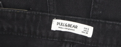 Pull & Bear Women’s Black Denim Mini Skirt Size S High Rise Frayed Hem