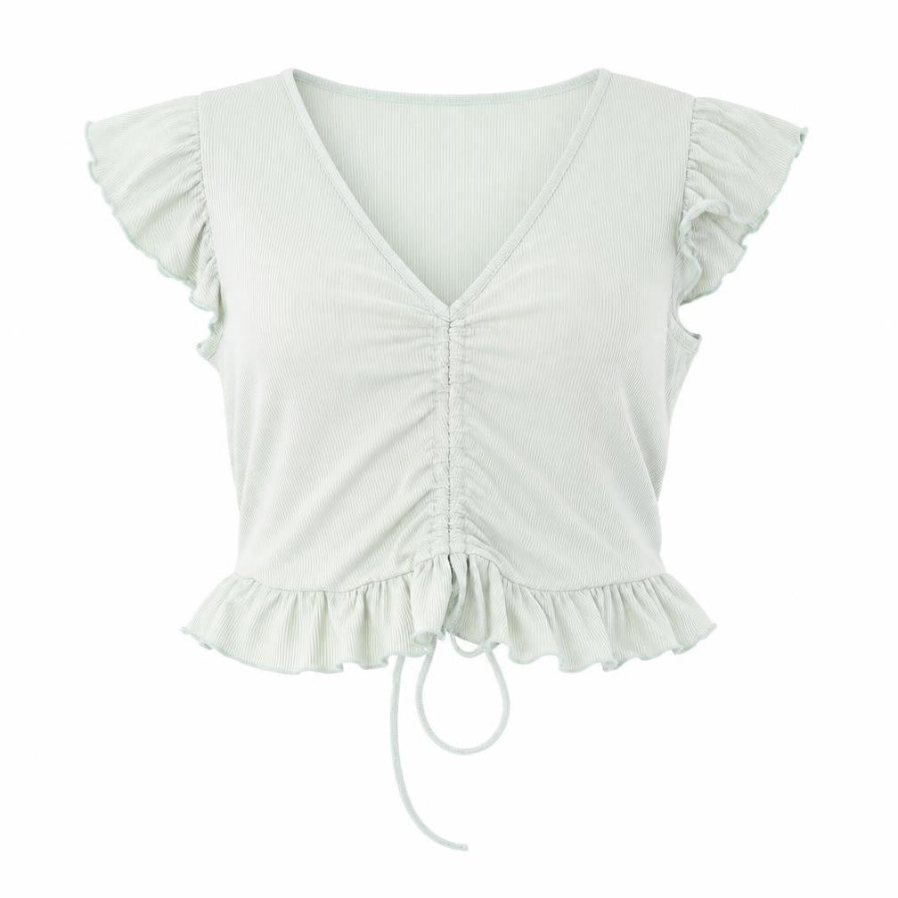 Front view of New Look Women’s Green Cropped Ruffle Blouse, size UK 18