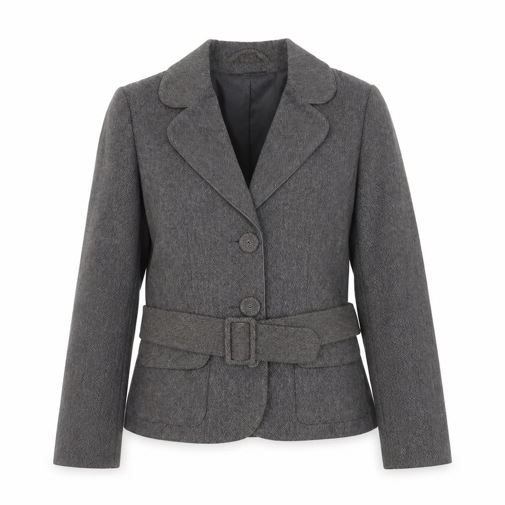 Front view of H&M Women Grey Wool Blend Belted Suit Jacket, size 8