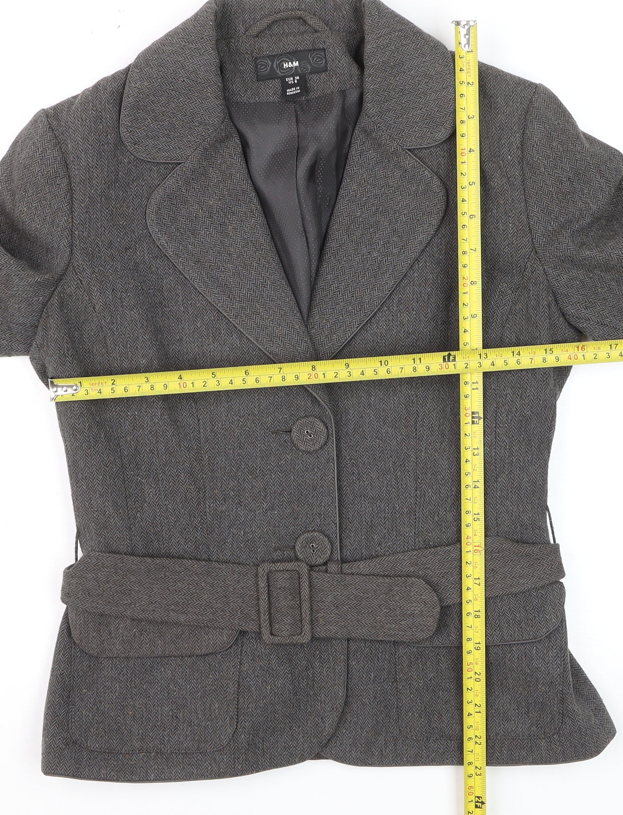 H&M Women Grey Wool Blend Belted Suit Jacket Size 8