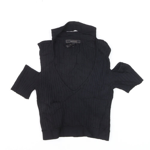 BCBGMAXAZRIA Women's Black Cold Shoulder V-Neck Cropped Knit Blouse XXS