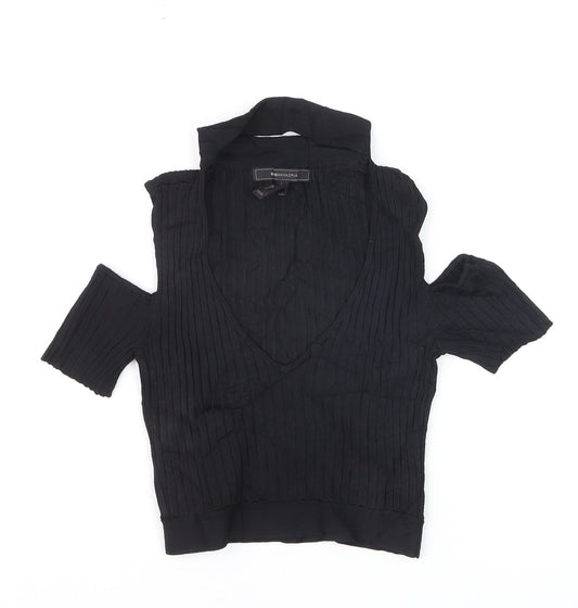 BCBGMAXAZRIA Women's Black Cold Shoulder V-Neck Cropped Knit Blouse XXS