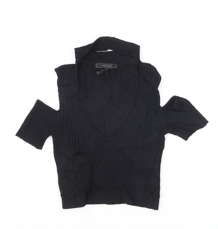 BCBGMAXAZRIA Women's Black Cold Shoulder V-Neck Cropped Knit Blouse XXS