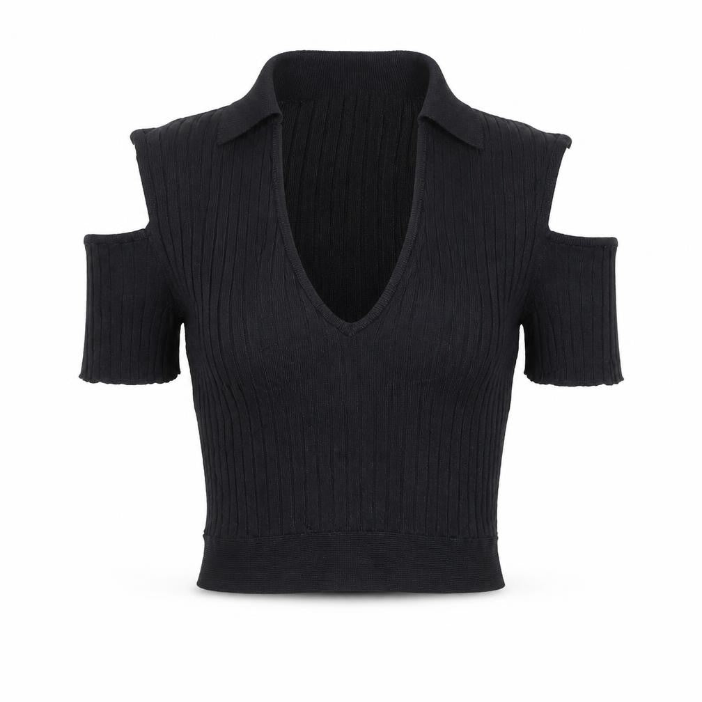 BCBGMAXAZRIA Women's Black Cold Shoulder V-Neck Cropped Knit Blouse XXS