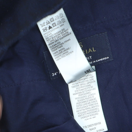 Marks and Spencer Men's Navy Wool Regular Fit Trousers 34W 31L
