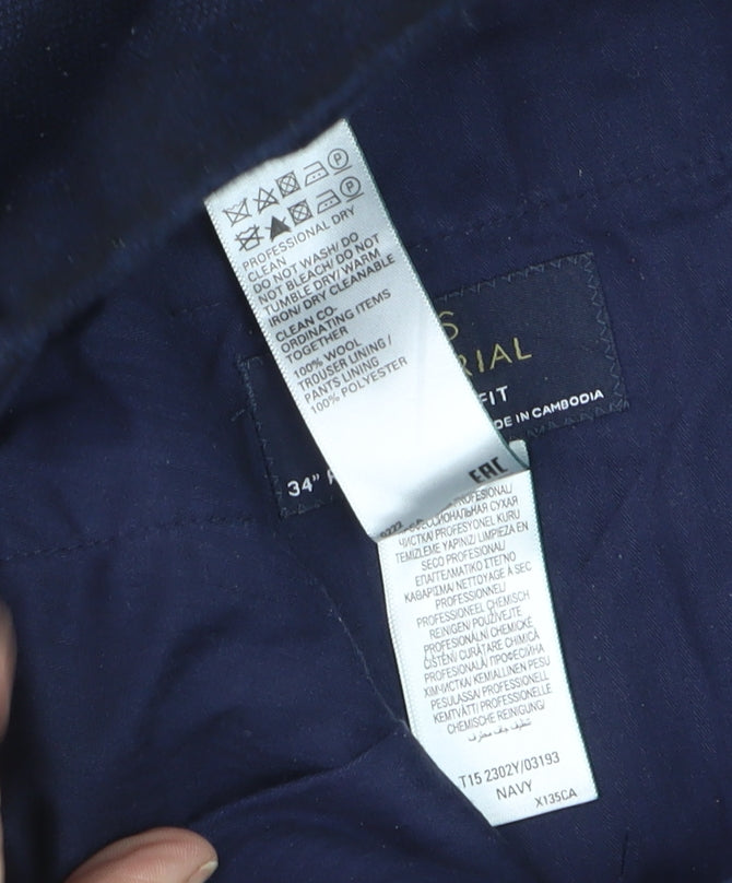Marks and Spencer Men's Navy Wool Regular Fit Trousers 34W 31L