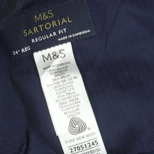Marks and Spencer Men's Navy Wool Regular Fit Trousers 34W 31L