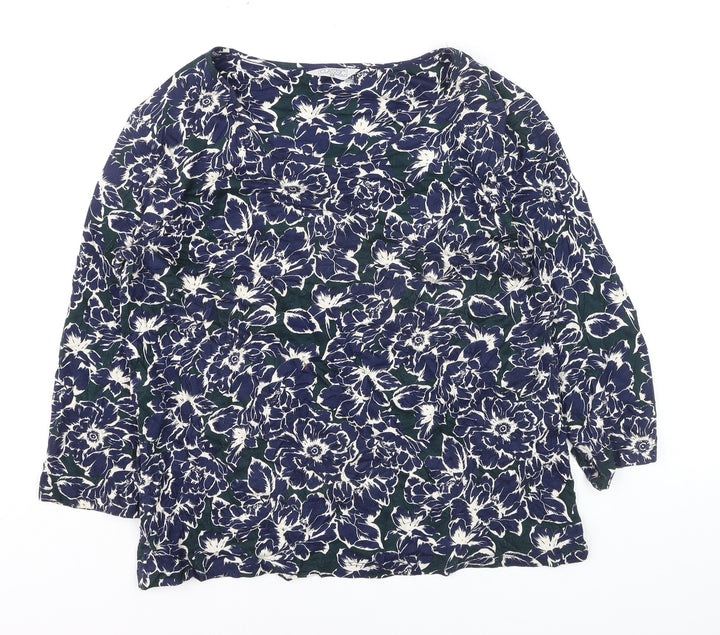 Classic Women's Blue Floral Tunic Blouse Size 14 Viscose Stretch 3/4 Sleeve
