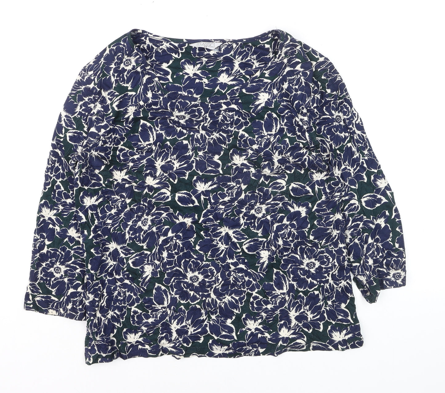 Classic Women's Blue Floral Tunic Blouse Size 14 Viscose Stretch 3/4 Sleeve