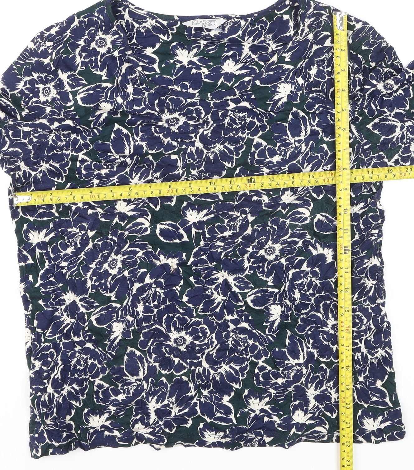 Classic Women's Blue Floral Tunic Blouse Size 14 Viscose Stretch 3/4 Sleeve