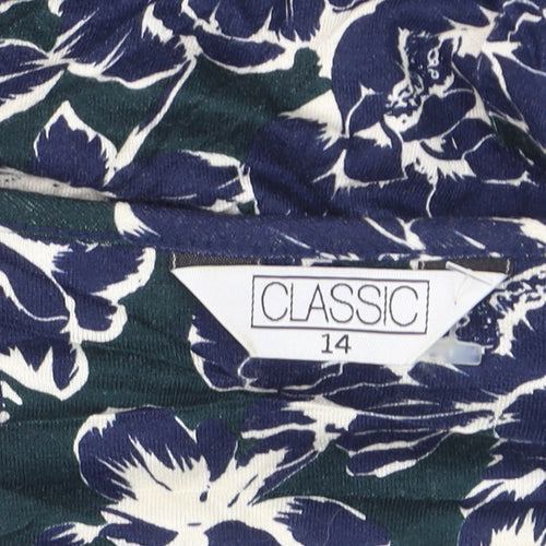 Classic Women's Blue Floral Tunic Blouse Size 14 Viscose Stretch 3/4 Sleeve