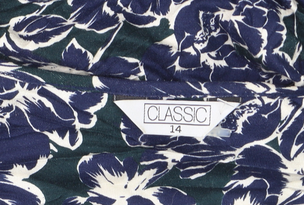 Classic Women's Blue Floral Tunic Blouse Size 14 Viscose Stretch 3/4 Sleeve