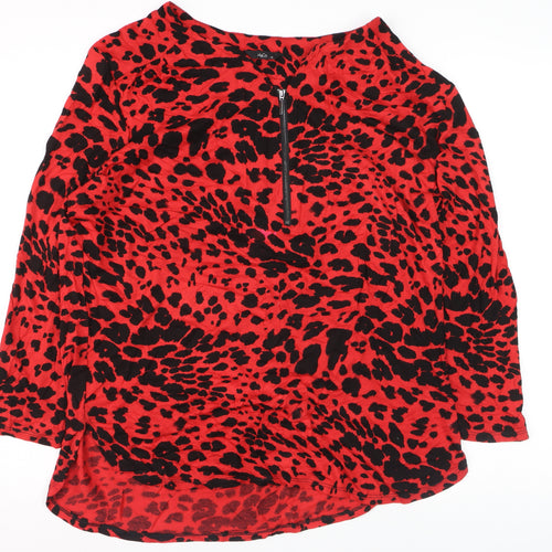M&Co Womens Red Animal Print Long Sleeve V-Neck Tunic Top Size 16