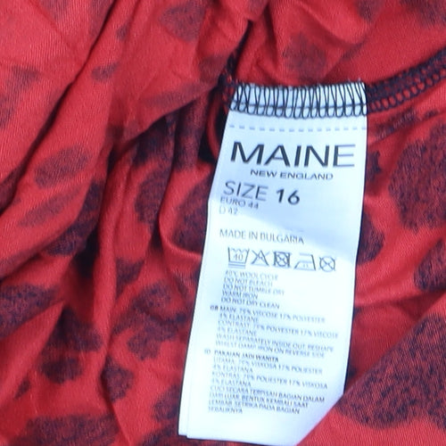 M&Co Womens Red Animal Print Long Sleeve V-Neck Tunic Top Size 16