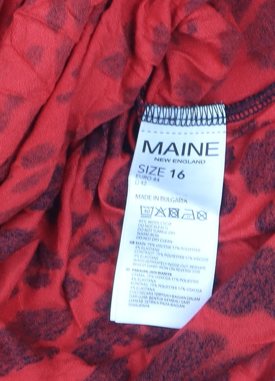 M&Co Womens Red Animal Print Long Sleeve V-Neck Tunic Top Size 16